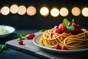 spaghetti with tomato sauce and fresh strawberries on a wooden table. AI-Generated photo