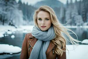 a beautiful blonde woman in a winter coat and scarf. AI-Generated photo