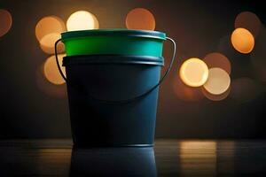 a black bucket with a green lid on a table. AI-Generated photo