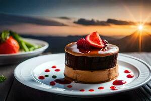 un postre en un plato con fresas y un puesta de sol en el antecedentes. generado por ai foto