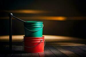 two red and green buckets on a wooden floor. AI-Generated photo
