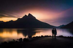 un Pareja en pie en el apuntalar de un lago a puesta de sol. generado por ai foto