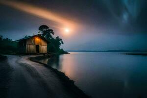 a small wooden house sits on the shore of a lake at night. AI-Generated photo