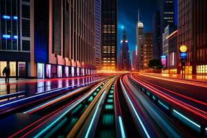 a city street at night with light trails. AI-Generated photo