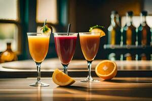 Tres lentes de naranja jugo y jugo en un bar. generado por ai foto