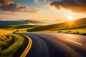 the sun sets over a road in the middle of a field. AI-Generated photo