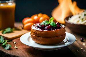 a dessert with berries and a cup of coffee. AI-Generated photo