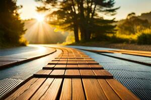 a wooden walkway with the sun shining through it. AI-Generated photo