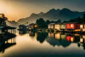 houses on the water at sunset in a mountain range. AI-Generated photo