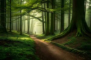 un camino mediante un bosque con arboles y verde césped. generado por ai foto