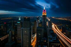 the empire state building is lit up at night. AI-Generated photo