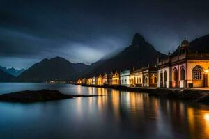 a long exposure photograph of a building in the middle of a lake. AI-Generated photo