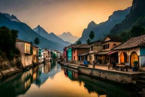 a canal in the mountains with houses and mountains in the background. AI-Generated photo