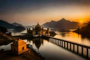 the sun rises over a lake and a temple. AI-Generated photo