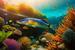 fish swimming in the ocean with coral reefs and other fish. AI-Generated photo