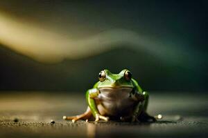 a frog sitting on a table with a blurry background. AI-Generated photo