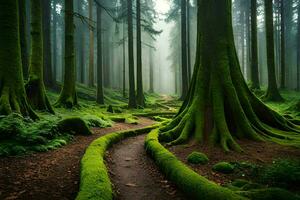 a path through a forest with mossy trees. AI-Generated photo