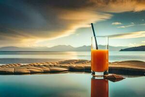 a glass of orange juice sits on the edge of a pool with mountains in the background. AI-Generated photo