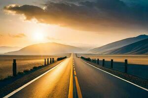 a long road with the sun setting behind it. AI-Generated photo