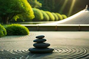 a zen garden with stones and a tree. AI-Generated photo