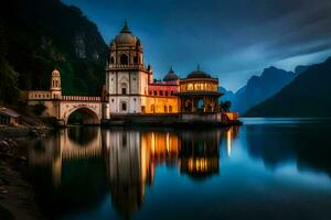 un hermosa edificio se sienta en el apuntalar de un lago. generado por ai foto