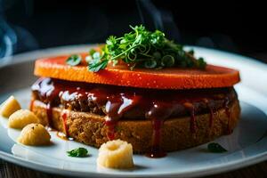 a hamburger with sauce and vegetables on a plate. AI-Generated photo