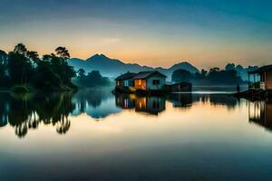 a house on the water at sunrise. AI-Generated photo