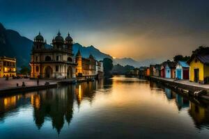 un río en frente de un Iglesia a puesta de sol. generado por ai foto