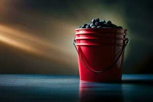 a red bucket filled with blackberries. AI-Generated photo