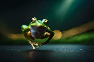 a frog is jumping on the ground. AI-Generated photo
