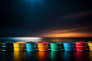 a row of colorful buckets on a dock at night. AI-Generated photo