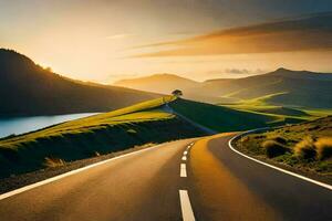 un la carretera con un árbol en el lado de él. generado por ai foto