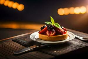 a dessert on a plate with berries and mint. AI-Generated photo