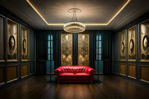 a red leather couch in a room with wood paneling. AI-Generated photo