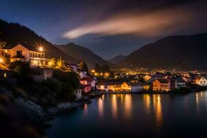 un pueblo iluminado arriba a noche por el agua. generado por ai foto