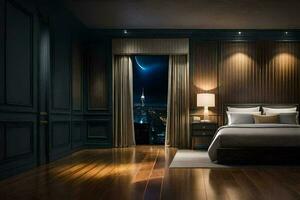 a bedroom with a view of the city. AI-Generated photo