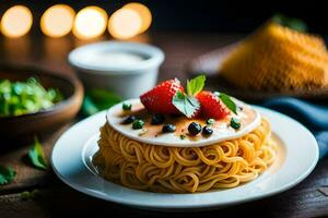 a plate of noodles with strawberries and mint leaves. AI-Generated photo