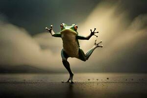 a frog is standing on its hind legs and is jumping. AI-Generated photo