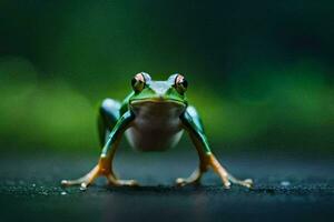 a frog is standing on the ground with its legs spread. AI-Generated photo