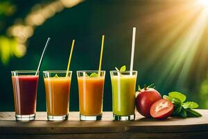 five glasses of juice with straws and fruit. AI-Generated photo