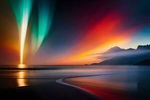 the aurora borealis is seen in the sky over a beach. AI-Generated photo