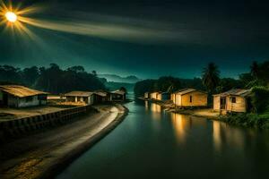 photo wallpaper the sky, water, river, houses, the moon, the sun, the river. AI-Generated