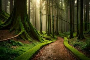 un camino mediante un bosque con cubierto de musgo arboles generado por ai foto