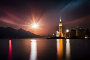 el Dom es brillante brillantemente terminado un ciudad horizonte. generado por ai foto