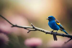 un azul pájaro se sienta en un rama en frente de rosado flores generado por ai foto