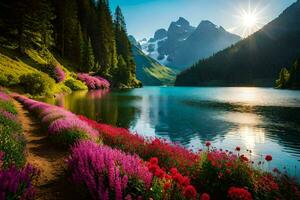 el Dom brilla terminado un lago y flores en el montañas. generado por ai foto