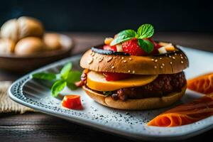 a hamburger with cheese, strawberries and tomatoes. AI-Generated photo