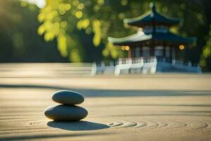 two stones sit on the sand in front of a pagoda. AI-Generated photo