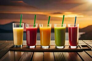 five glasses of juice on a wooden table. AI-Generated photo