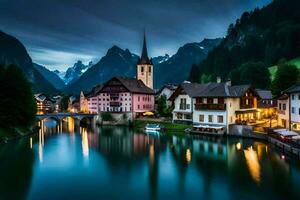 photo wallpaper the sky, mountains, water, houses, town, lake, mountains, switzerland. AI-Generated